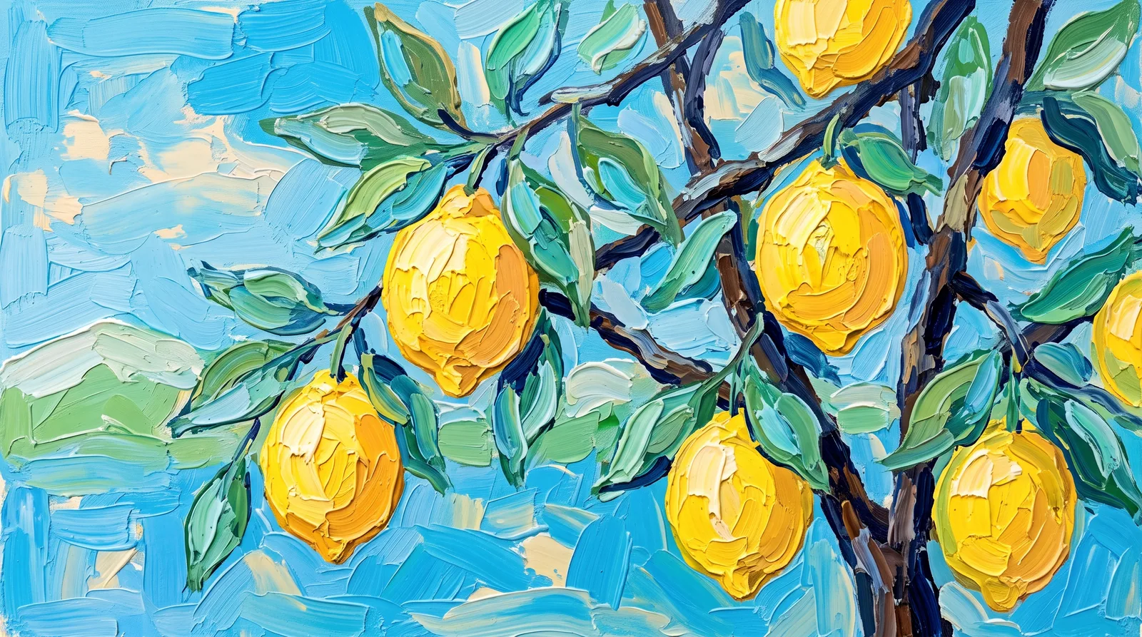 Golden lemons and deep green leaves against a vivid blue, paint-textured sky.