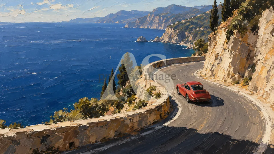 A red car rounding a coastal hairpin above the blue sea, with cliffs and cypress trees.