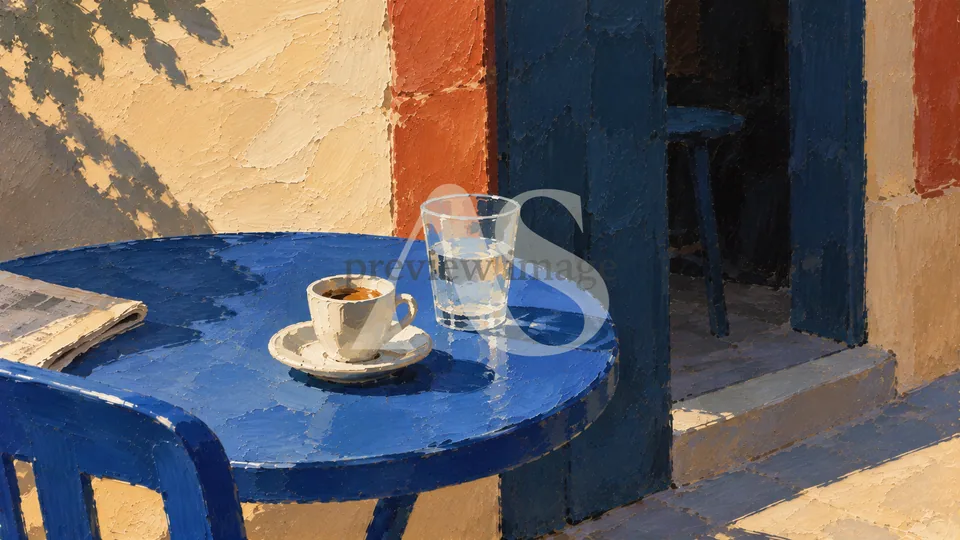 An espresso cup and a glass of water on a blue cafe table outside a shaded doorway.