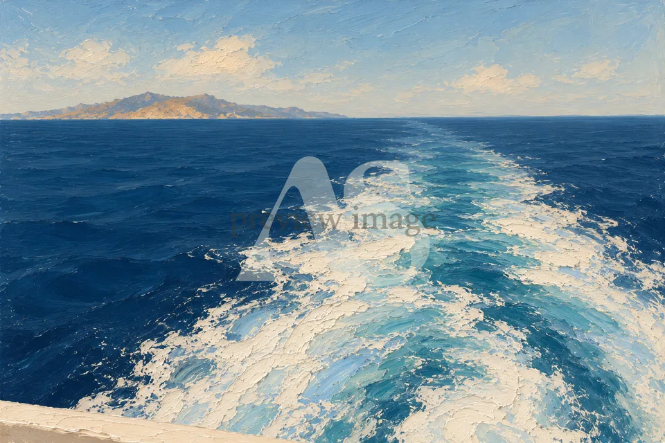 A ferry’s pale turquoise wake crossing deep blue water toward a distant mountainous island.