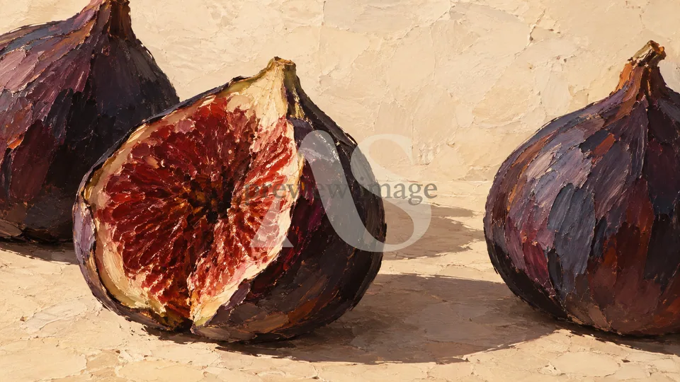 Three purple figs on a warm stone surface, one cut open to reveal its red interior.
