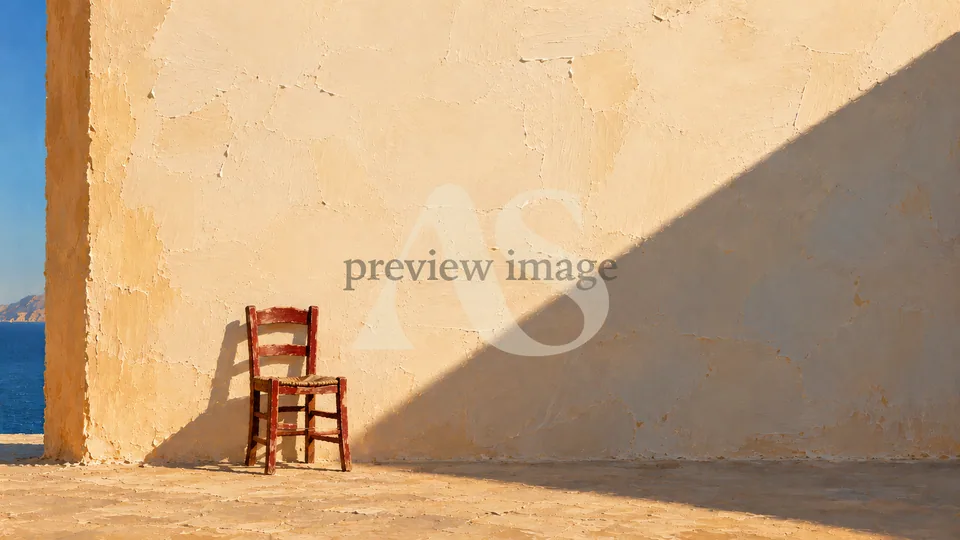 A red wooden chair against a sunlit ochre wall, with a diagonal shadow and a glimpse of the sea.