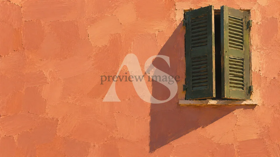 Green wooden shutters casting a long angular shadow across a warm coral wall.