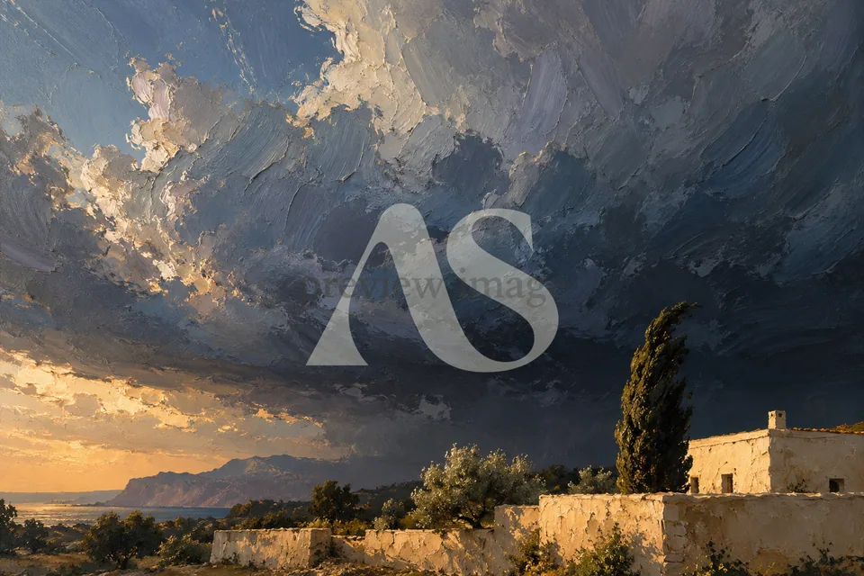 Dark summer storm clouds above a sunlit Sicilian house, a cypress tree and distant coastal mountains.
