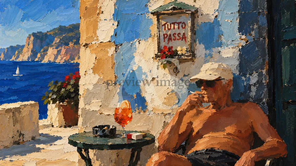 A man in sunglasses resting beside an orange aperitif and a Tutto Passa sign, overlooking a sunlit Mediterranean coast.